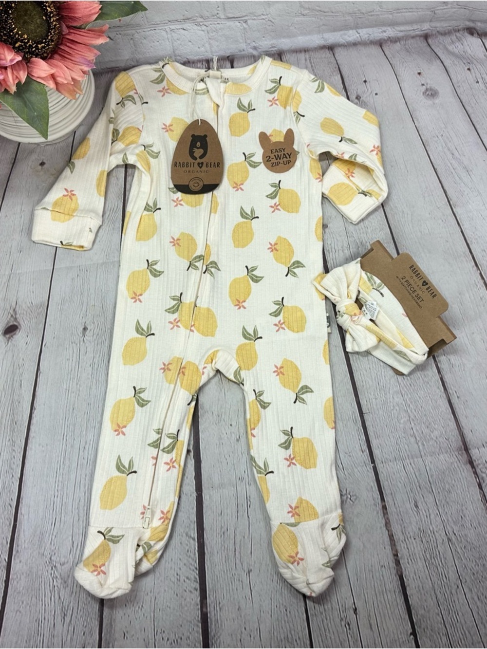 NWT Rabbit & Bear Lemon Print Footed One-Piece 6-9M coquette boho cottagecore